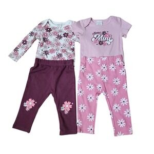 Petite Lem Mini Threads Infant Baby Girl 4 Pc Set Pink Burgundy Floral Boho 9m
